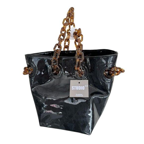 Studio 33 Women’s Woke Newbie Bucket Bag Patent Glossy Black Satchel Handbag NWT - Picture 1 of 12